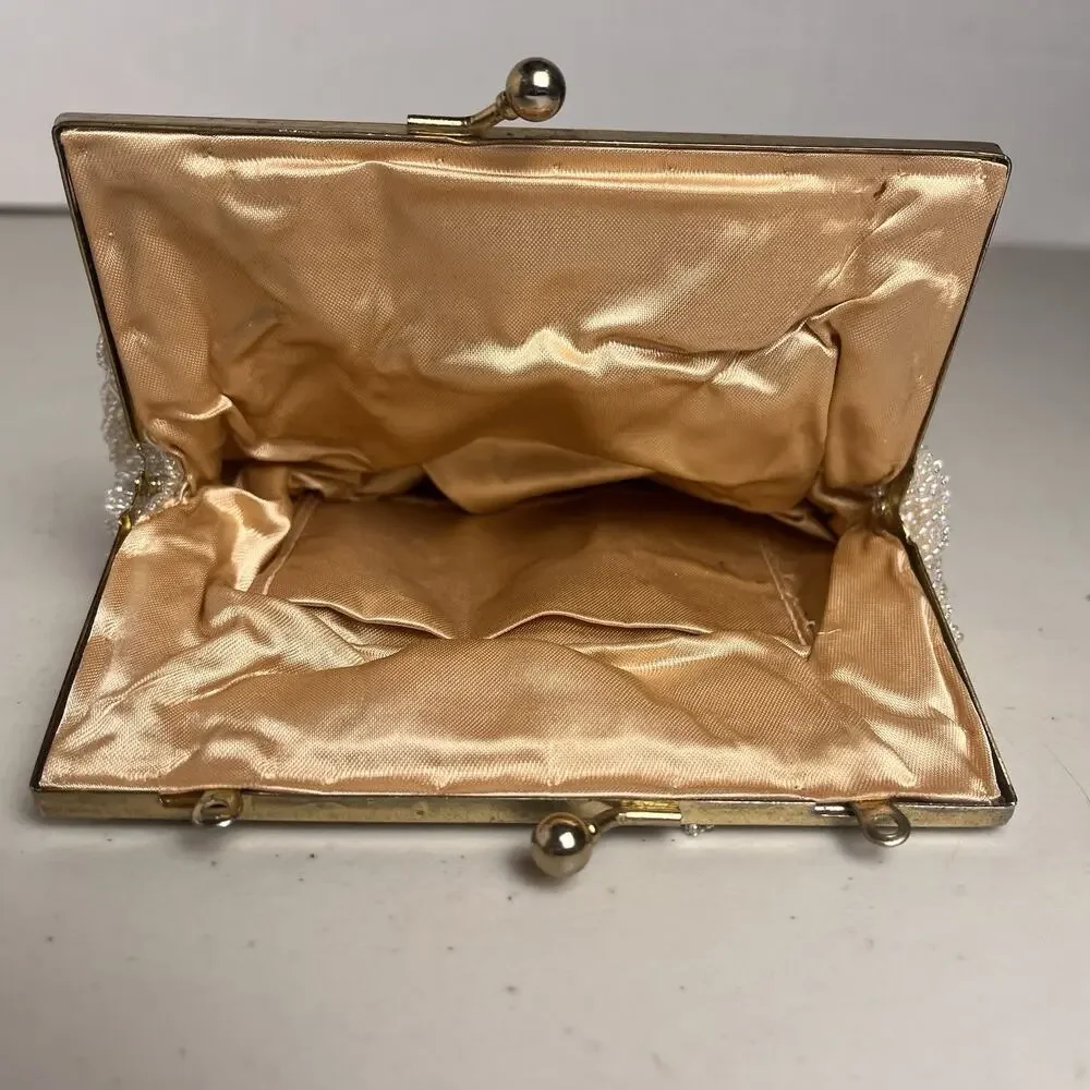 Cream Beaded Kiss Lock Clutch Evening Bag Vintage Retro Mid Century Handbag